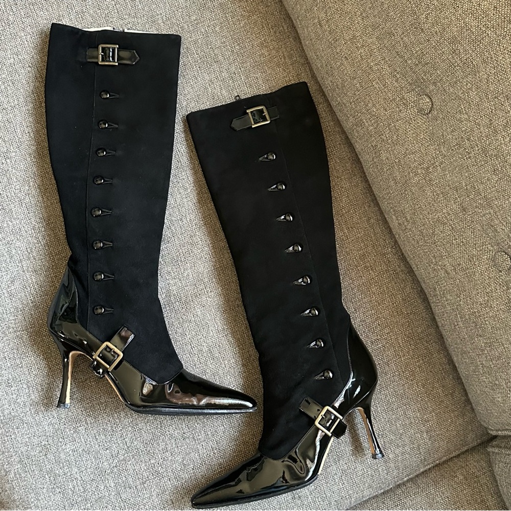 Vintage Manolo Blahnik black suede & patent leather button-up heeled boots